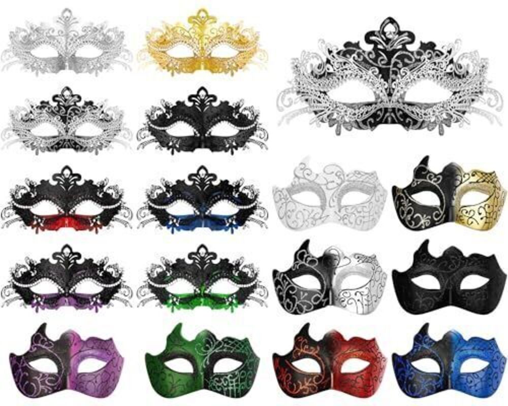 5087 16 Pcs Couple Masquerade Mask with Diamond Unisex Half Face Venetian